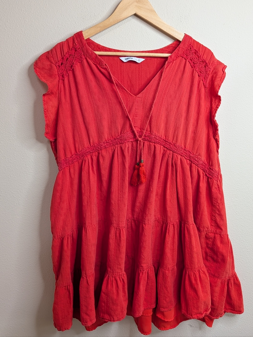 Sonoma Goods for Life Red Tiered Babydoll Mini Dress Crochet‎ Lace Tassel V Neck